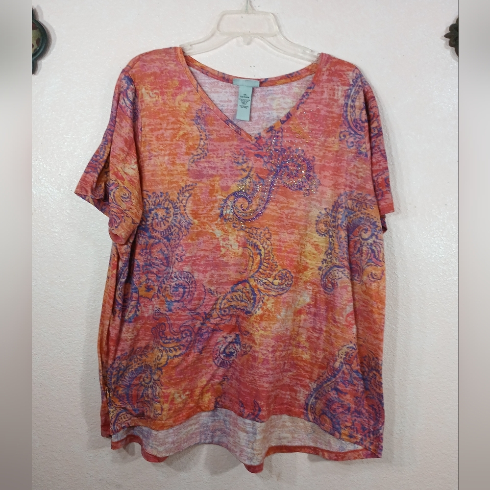 Catherines Pink,Orange,Purple+Yellow Paisley V-Neck Hi-Lo Top Womans 2X 22/24W